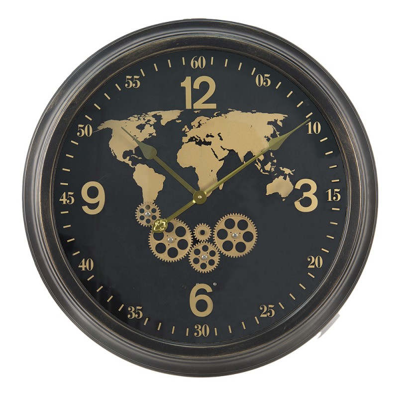 5KL0202 Wall Clock Ø 64 cm Black Gold colored MDF Iron World Round Hanging Clock