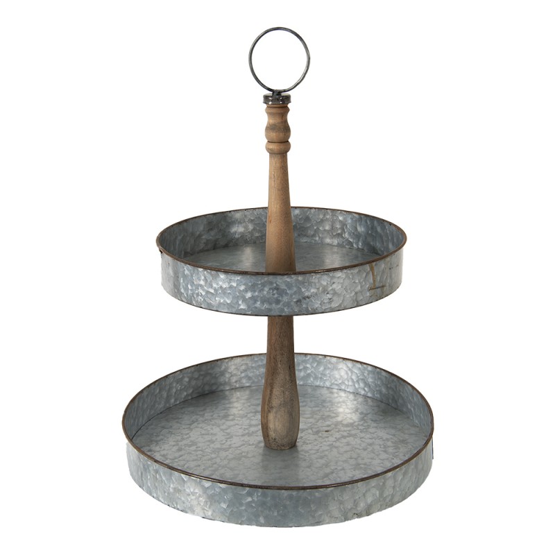 6Y4685 2-Tiered Stand Ø 37x54 cm Grey Iron Wood Round Serving Platter