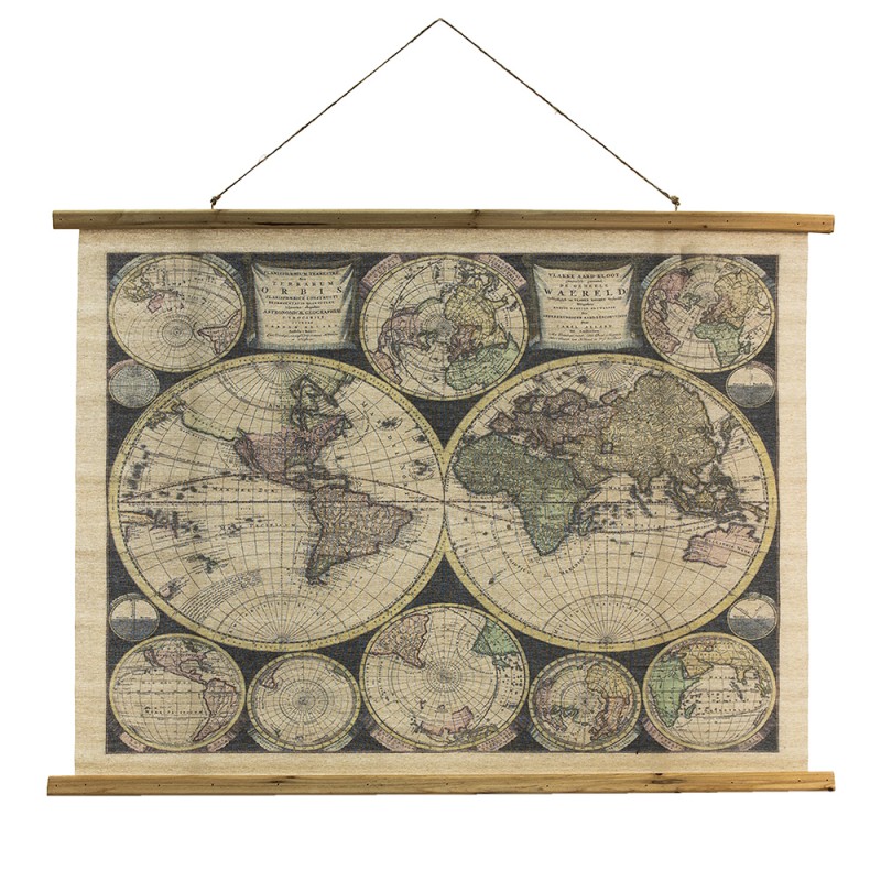 5WK0050 Wall Tapestry 100x76 cm Beige Brown Wood Textile World Map Rectangle Wall Hanging