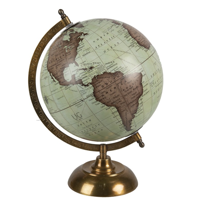 64903 Wereldbol  22x33 cm Groen Bruin Hout Ijzer Globe