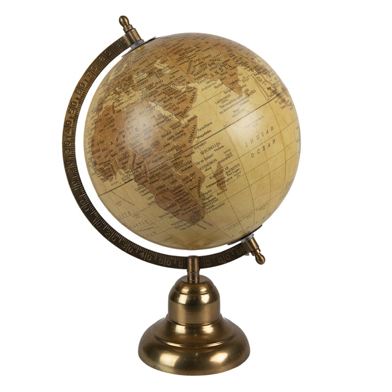 64907 Wereldbol  22x33 cm Geel Bruin Hout Ijzer Rond Globe