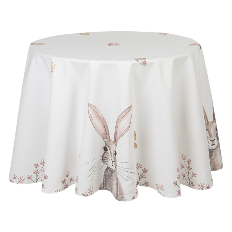 REB07 Tablecloth Ø 170 cm White Brown Cotton Rabbit Round Table cloth