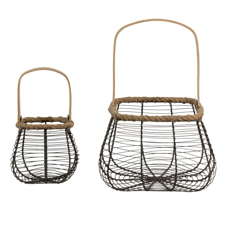 6Y4671 Decorative Basket Set of 2 Brown Iron Wood Decorative Baskets
