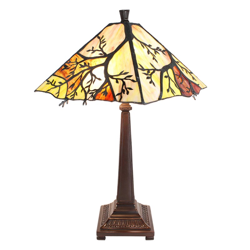 5LL-6226 Tiffany Tafellamp  36x36x57 cm Beige Bruin Glas Metaal Tiffany Bureaulamp