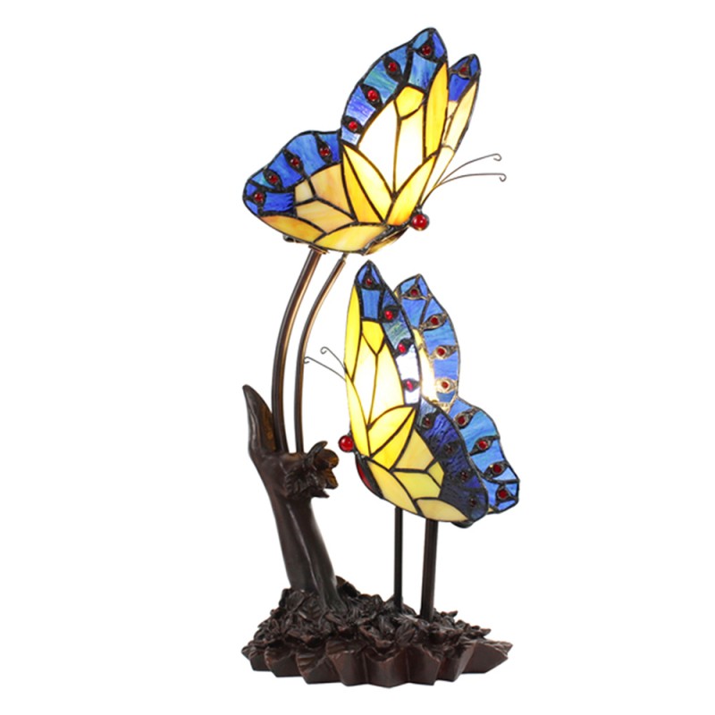 5LL-6229 Table Lamp Tiffany 24x17x47 cm  Blue Yellow Glass Plastic Butterflies Desk Lamp Tiffany