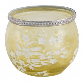 26GL3495 Tealight Holder Ø 10x9 cm Yellow White Glass Metal Flowers Round Tea-light Holder