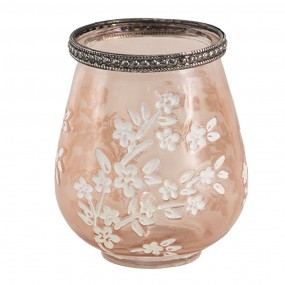 26GL3506 Tealight Holder Ø 9x11 cm Pink White Glass Metal Flowers Round Tea-light Holder