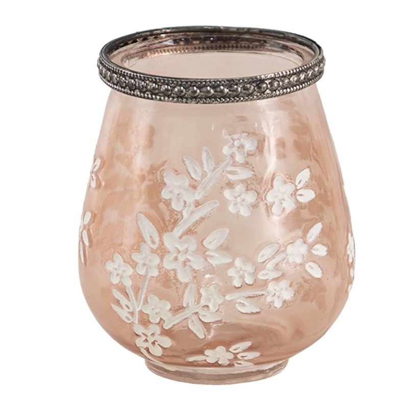 6GL3506 Tealight Holder Ø 9x11 cm Pink White Glass Metal Flowers Round Tea-light Holder