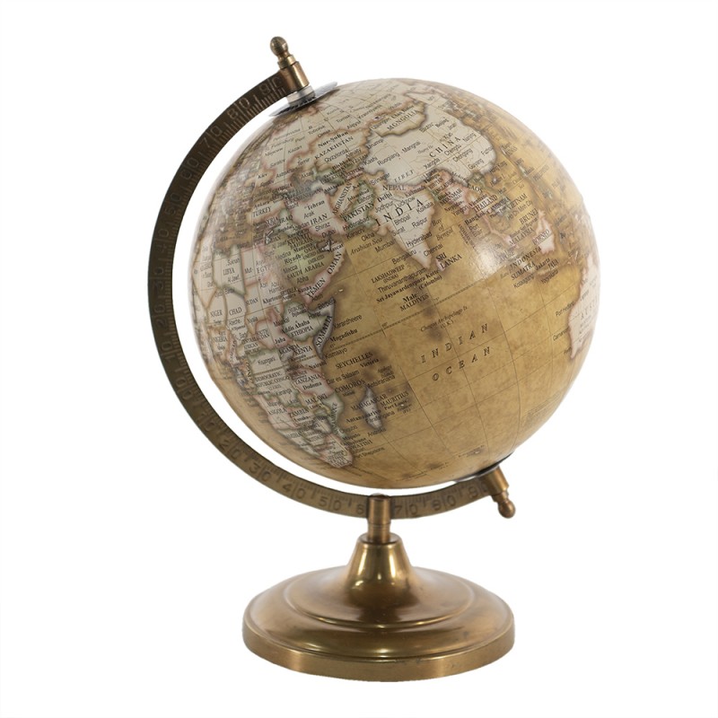 64905 Wereldbol  22x30 cm Geel Bruin Hout Metaal Globe