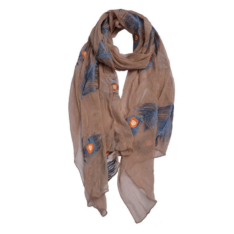 JZSC0650CH Printed Scarf 70x180 cm Brown Synthetic Feathers Shawl Women