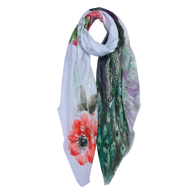 JZSC0676 Printed Scarf 90x180 cm White Synthetic Flowers Shawl Women