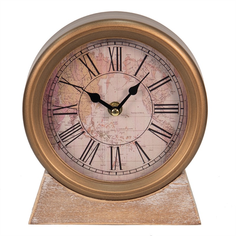 6KL0749 Table Clock 17x20 cm Gold colored Wood Iron Round Indoor Table Clock