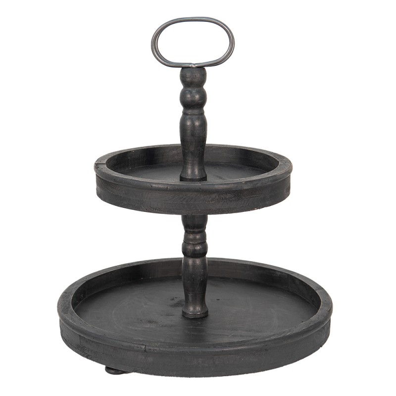 6H1916Z 2-Tiered Stand Ø 38x47 cm Black Wood Metal Round Fruit Bowl Stand