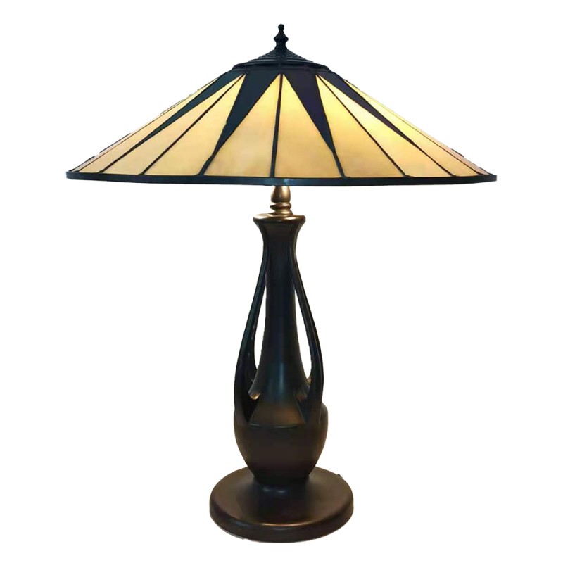 5LL-6174 Table Lamp Tiffany Ø 48x60 cm Beige Brown Glass Plastic Round Desk Lamp Tiffany