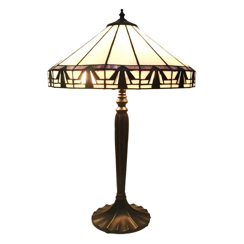 5LL-6172 Table Lamp Tiffany Ø 41x63 cm Beige Brown Glass Plastic Round Desk Lamp Tiffany