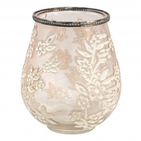 26GL3508 Tealight Holder Ø 15x18 cm Brown White Glass Metal Flowers Round Tea-light Holder