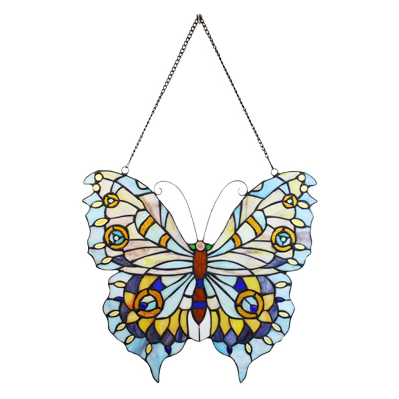 5LL-6236 Tiffany Glass Panel Butterfly 40x60 cm Blue Glass Glass Art