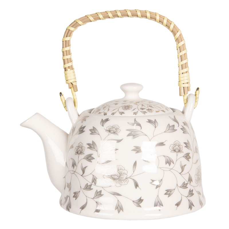 6CETE0077 Teekanne mit Filter 800 ml Beige Grau Porzellan Blumen Rund Kanne für Tee
