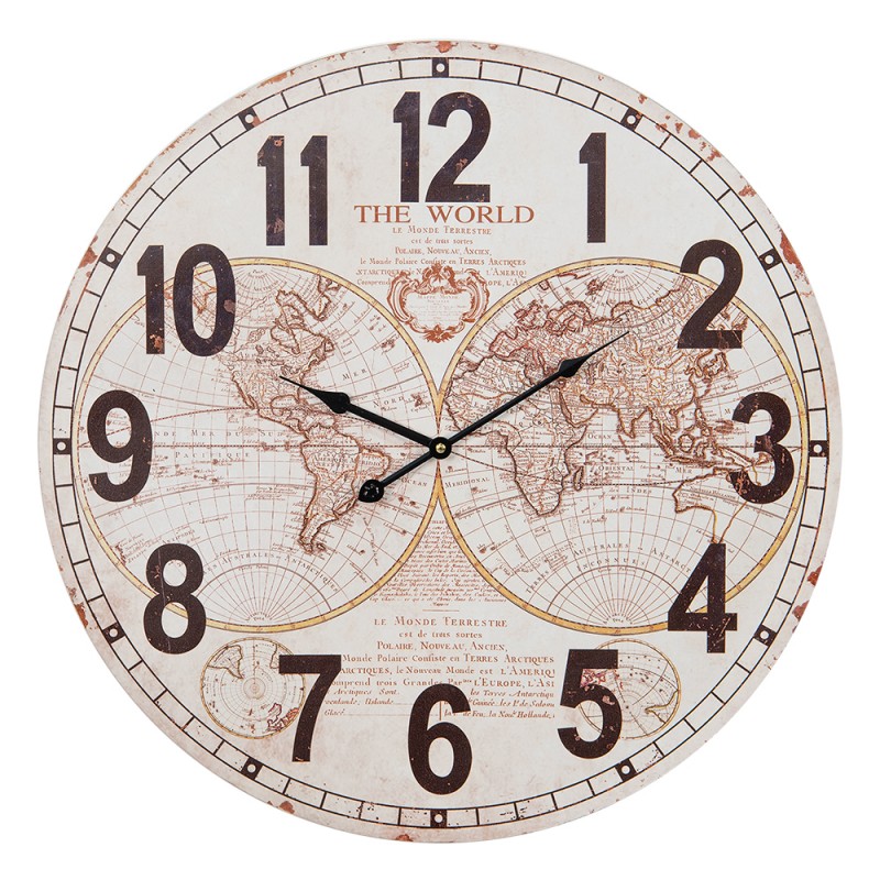 6KL0763 Wall Clock Ø 58 cm White Brown MDF World Map Hanging Clock