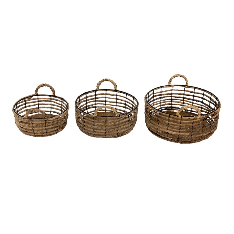 6RO0543 Storage Basket Set of 3 Ø 39 Ø 34 Ø 29 cm Brown Rotan Iron Basket