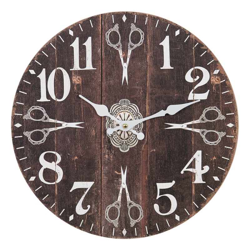 6KL0754 Wall Clock Ø 34 cm Brown White MDF Scissors Hanging Clock