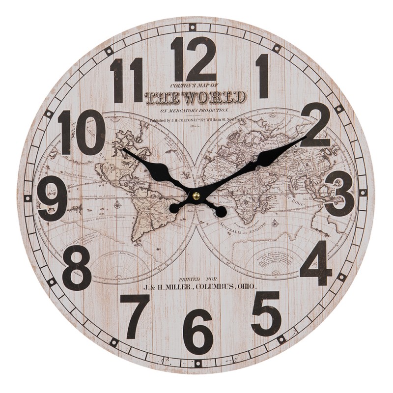 6KL0755 Wall Clock Ø 34 cm Brown Beige MDF World Map Hanging Clock