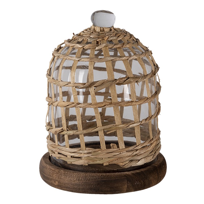 64814 Cloche Ø 16x22 cm Brown Wood Glass Round Glass Bell Jar