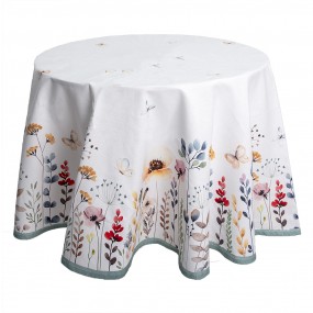 2FOB07 Tablecloth Ø 170 cm White Green Cotton Flowers Round Table cloth