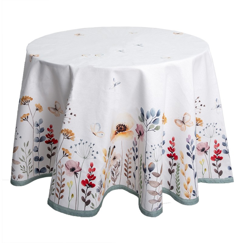 FOB07 Tablecloth Ø 170 cm White Green Cotton Flowers Round Table cloth