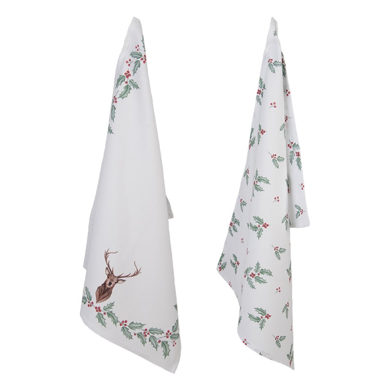 HCH42SET Tea Towel Set of 2  50x70 cm Green Red Cotton Deer Holly Leaves Kitchen Towel