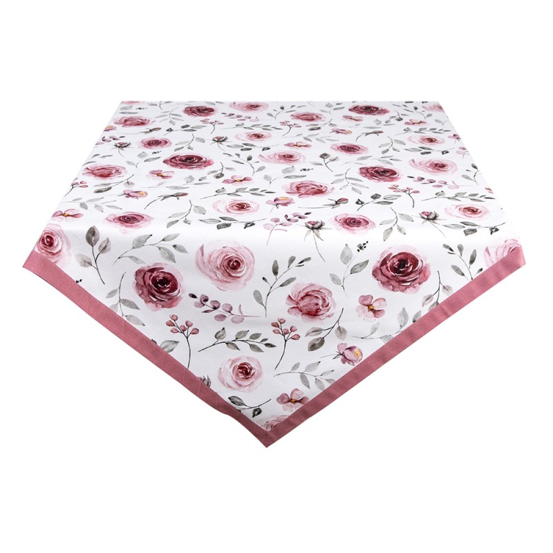 RUR01 Tischdecke 100x100 cm Weiß Rosa Baumwolle Rosen Quadrat Tischtuch