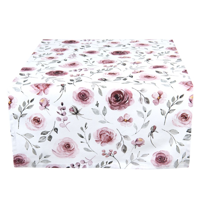 RUR64 Table Runner 50x140 cm White Pink Cotton Roses Rectangle Tablecloth