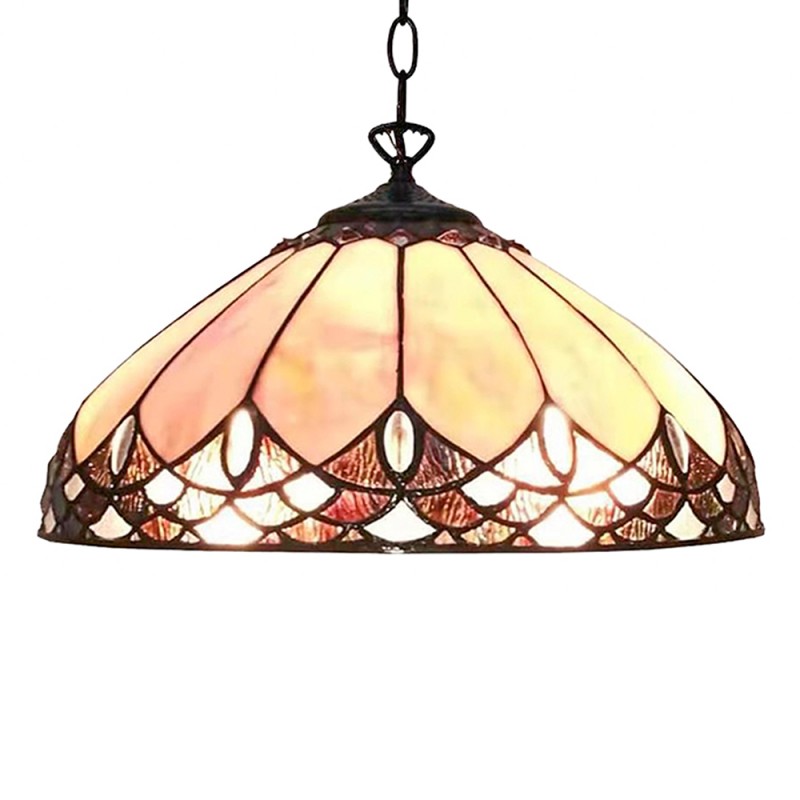5LL-6169 Lampes à suspension Tiffany Ø 39 cm Beige Marron Verre Plastique Rond Lampe de table à manger