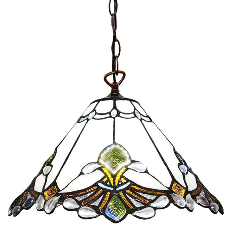 5LL-6184 Hanglamp Tiffany  Ø 31x107 cm  Wit Bruin Glas Metaal Hanglamp Eettafel