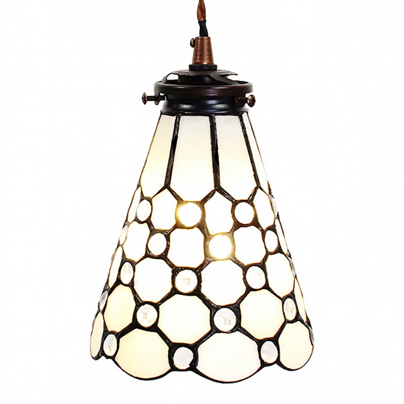 5LL-6198 Lampes à suspension Tiffany Ø 15x115 cm  Blanc Marron Verre Métal Lampe de table à manger