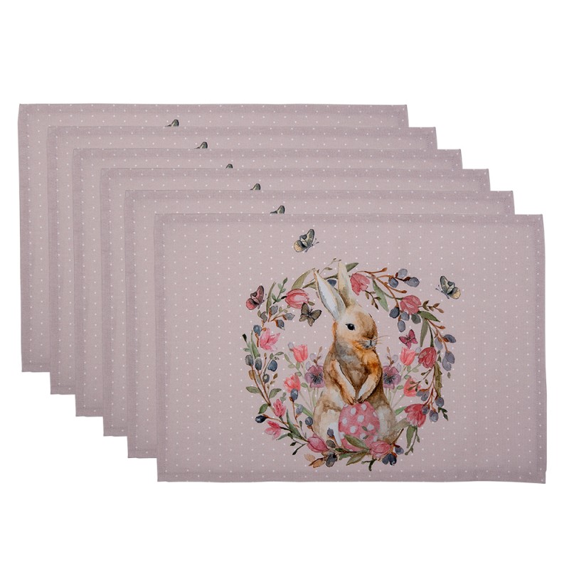 HBU40 Placemats Set van 6  48x33 cm Wit Roze Katoen Konijn Bloemen Rechthoek Tafelmat