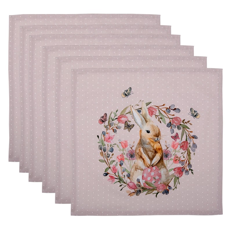 HBU43 Napkins Cotton Set of 6 40x40 cm Beige Pink Cotton Rabbit Flowers Square Napkin Fabric