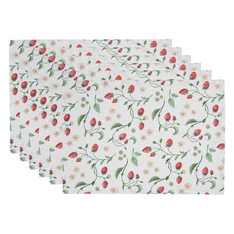 WIS40 Placemats Set van 6  48x33 cm Wit Rood Katoen Aardbeien Rechthoek Tafelmat