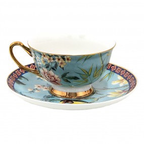 26CE1476 Cup and Saucer 200 ml Blue Gold colored Porcelain Birds Tableware