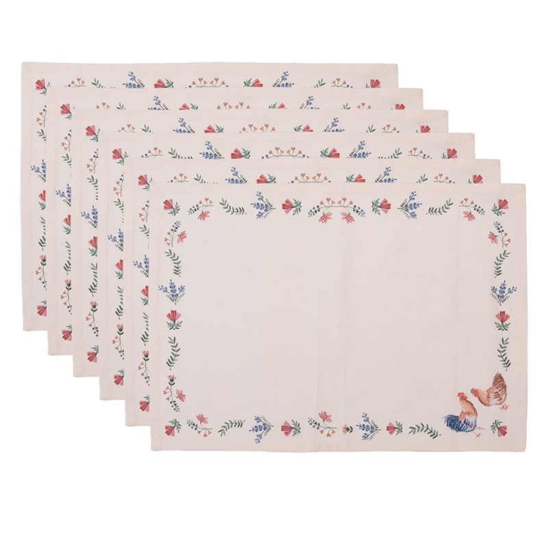 CAR40 Placemats Set of 6 50x35 cm Beige Blue Cotton Chicken and Rooster Rectangle Table Mat