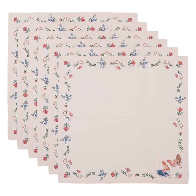 CAR43 Napkins Cotton Set of 6 40x40 cm Beige Blue Cotton Chicken and Rooster Square Napkin Fabric