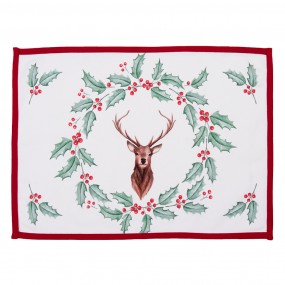 2HCH40 Placemats Set of 6 48x33 cm White Red Cotton Deer Holly Leaves Rectangle Table Mat