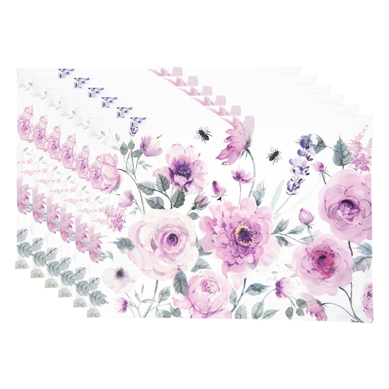 RBU40 Placemats Set of 6 48x33 cm White Purple Cotton Roses Rectangle Table Mat