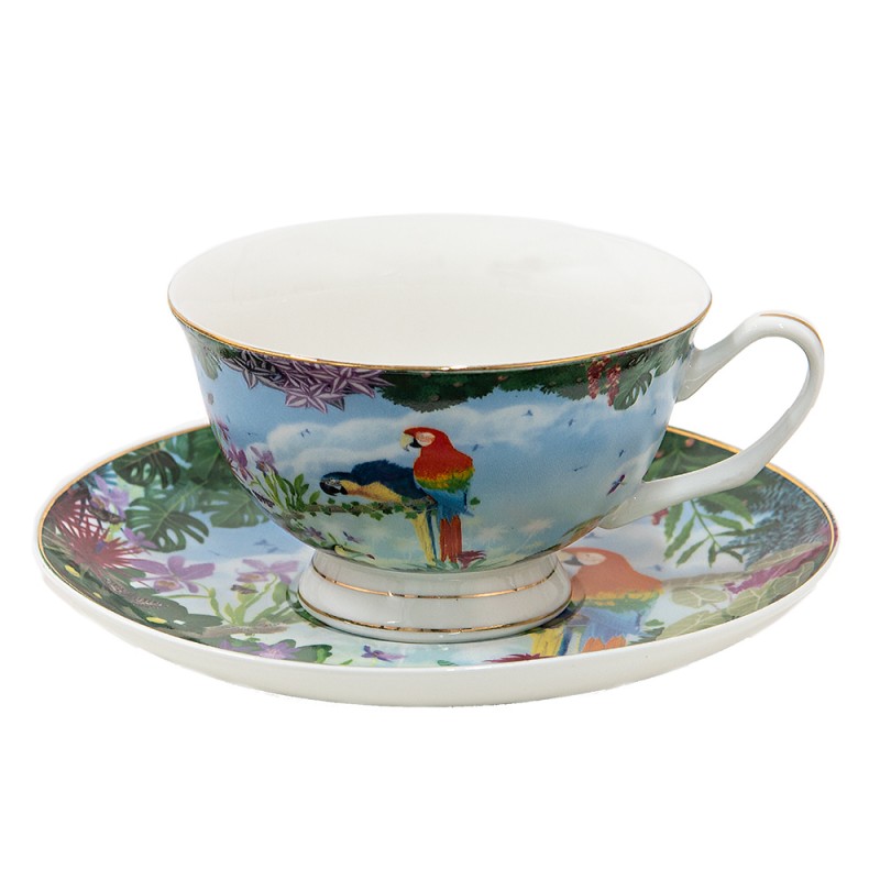 6CE1475 Cup and Saucer 200 ml Green Porcelain Parrot Tableware