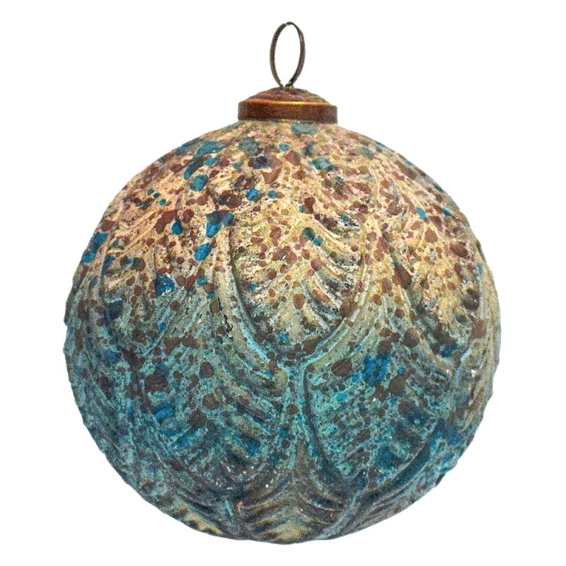6GL3717 Boule de Noël Ø 12 cm Turquoise Beige Verre Métal Décoration de Noël