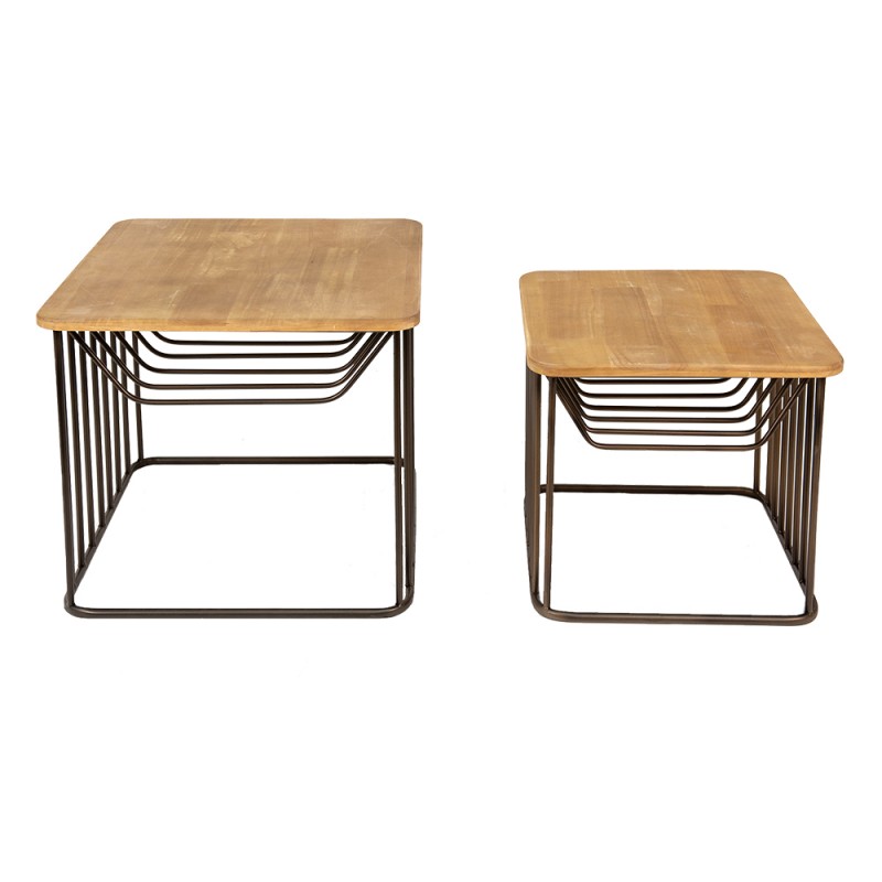 50674 Side Table Set of 2 Brown Iron Wood Coffee Table