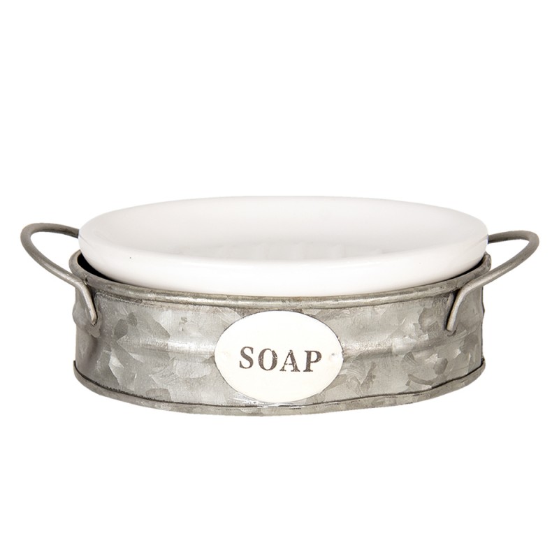 6CE1002 Soap Dish 16x11x6 cm White Grey Metal Oval Soap Holder