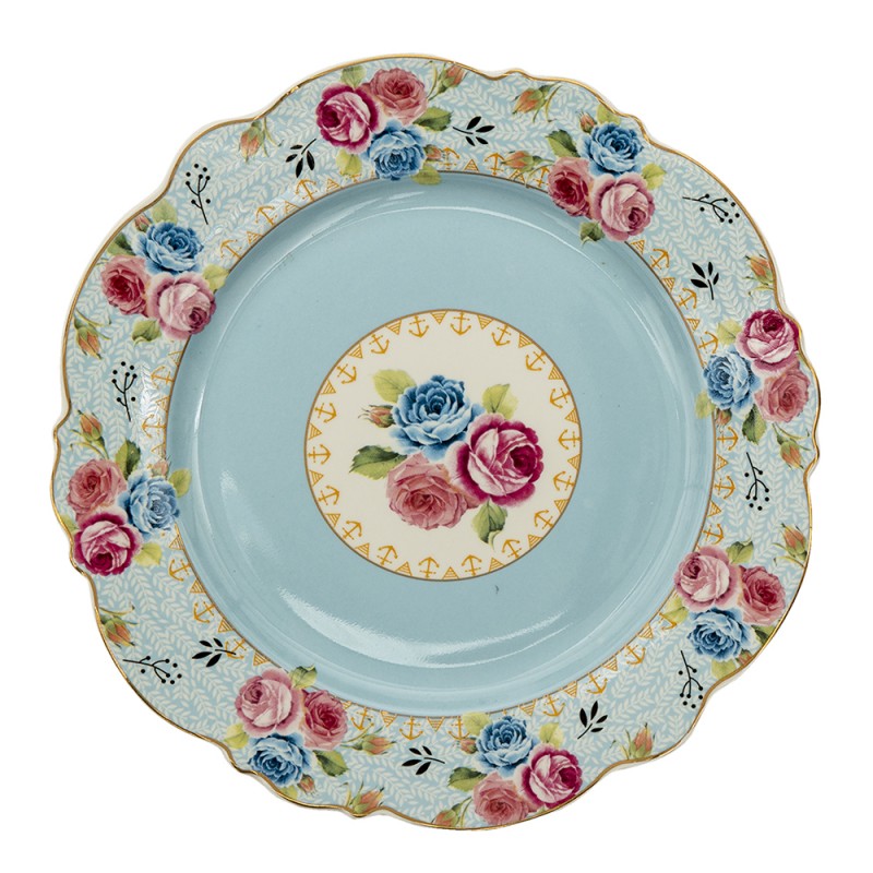 6CE1280 Breakfast Plate Ø 20 cm Blue Ceramic Flowers Round Plate