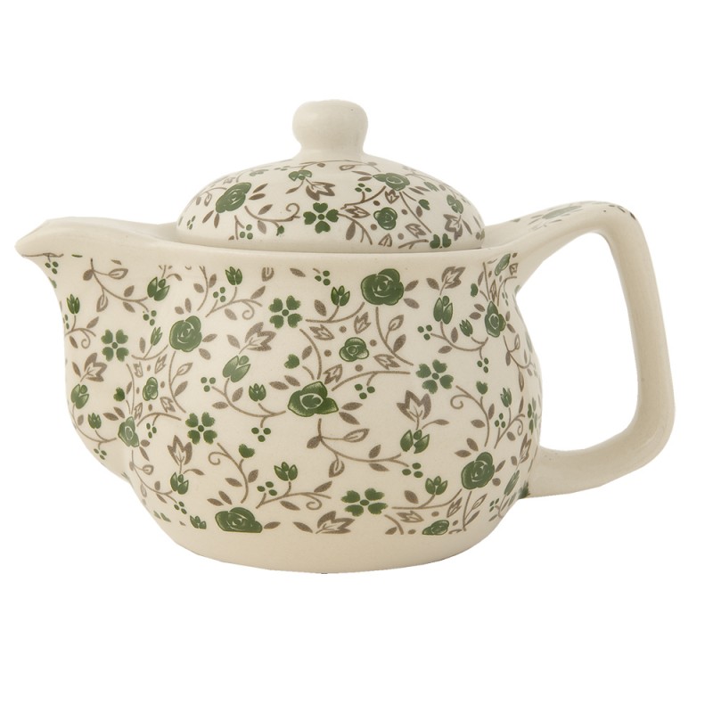 6CETE0016 Teekanne mit Filter 400 ml Grün Keramik Blumen Rund Kanne für Tee