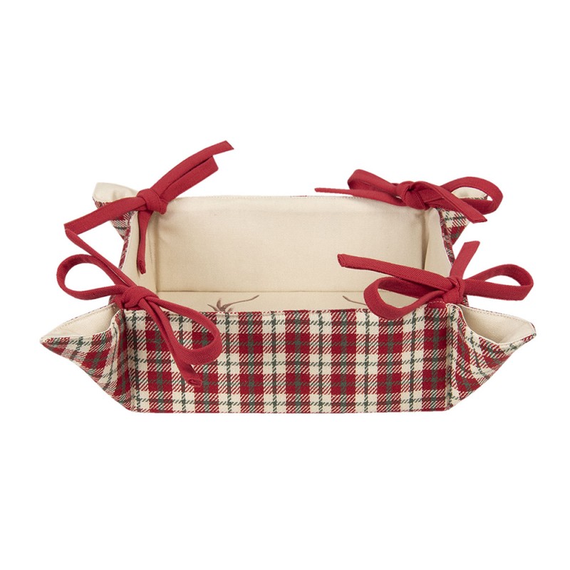 COL47 Bread Basket 35x35x8 cm Red Beige Cotton Diamond and Deer Square Kitchen Gift